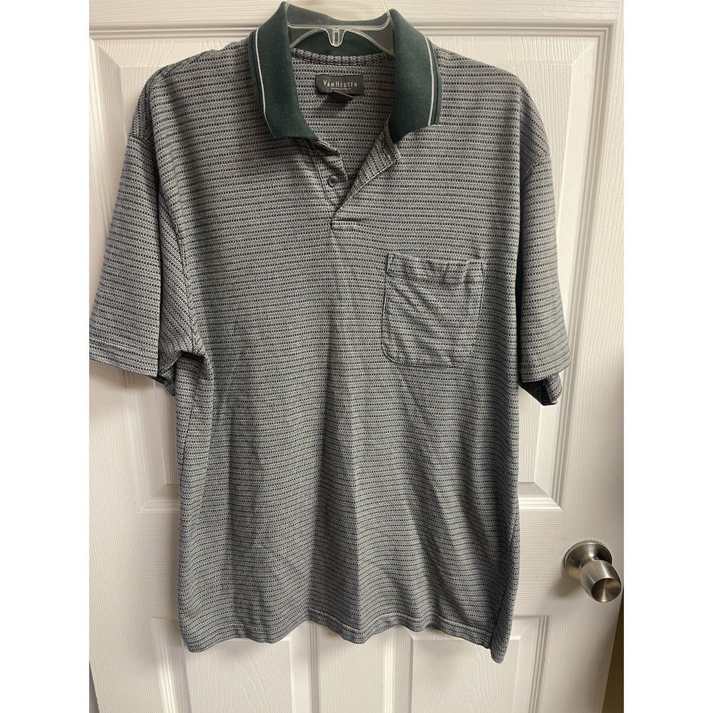 Van Heusen Men's Sz LG Green Black Gray Short Sleeve Polo Shirt Chest Pocket